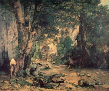 プレジールの噴水の流れにある鹿の茂み リアリズム ギュスターヴ・クールベの森 森 Oil Paintings